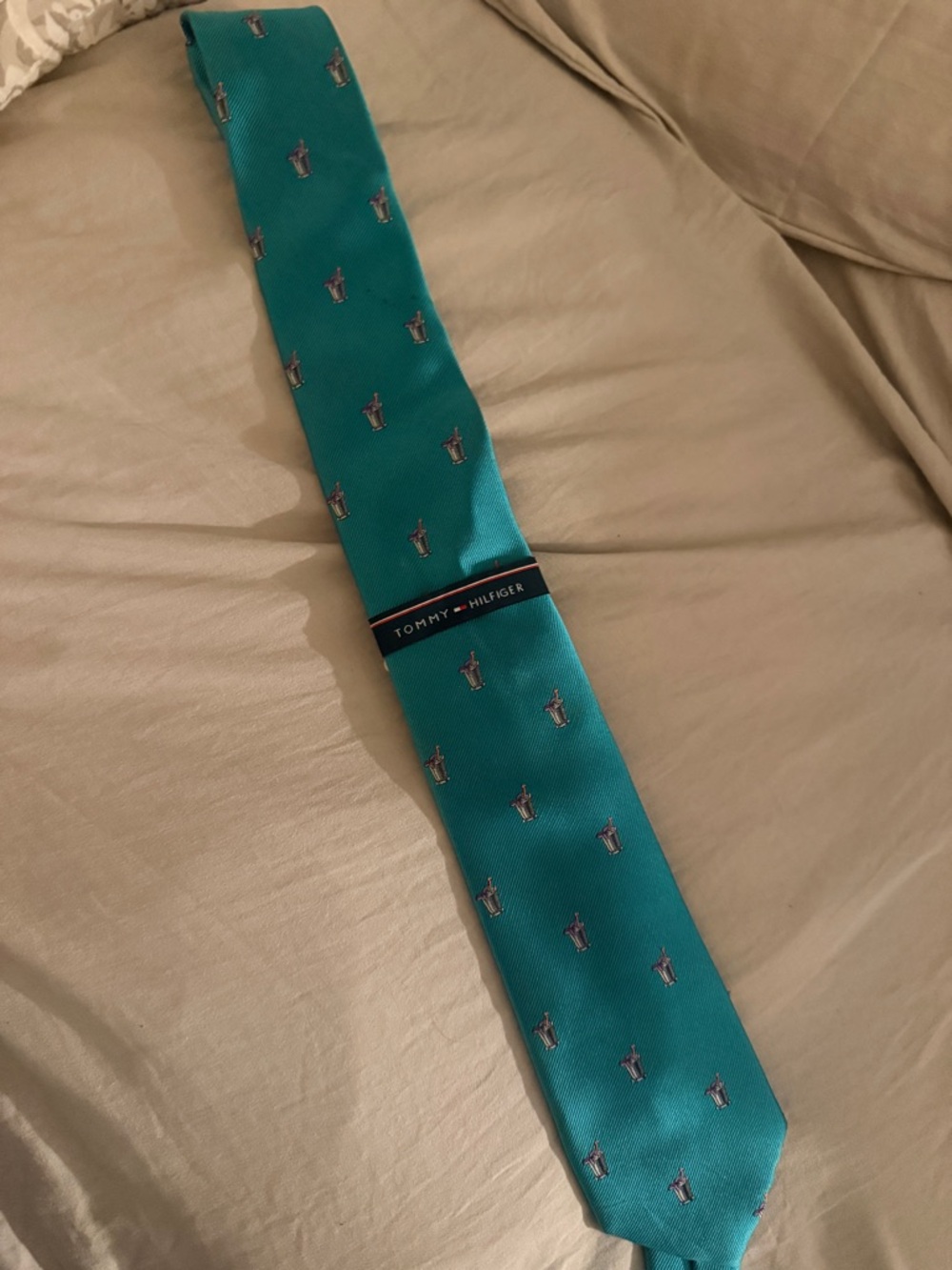 Tommy Hilfiger Teal Green Men's Silk Tie with Embroidered Icons